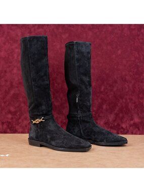 Sam Edelman Women Clive Black Suede Zip Riding Square Toe Knee Boots size 8